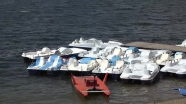 Pedal Boats for Rent on Mountain Lake, Boats Centre Awaiting for People Tourists Riding, Pontoon Bridge View