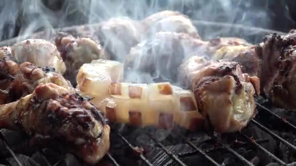 バーベキューとポークベーコン キャンプ場で鶏肉グリルフライ 料理通り Fast Food — ストック動画
