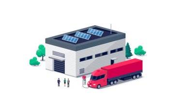 Amerikan elektrikli yarı kamyon konteyneri, kargo ticari depo lojistik salonu yakınındaki güneş panelleri olan kabloyla şarj oluyor.. 