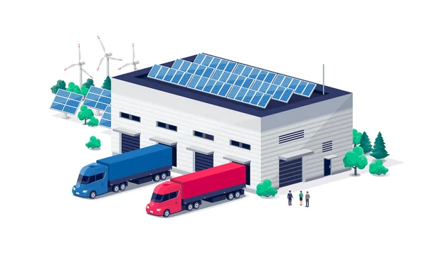 美国半卡车在仓库物流大厅中心卸货过程 公司经营货物运输运输车 太阳能风能可再生能源工厂 零售航运分销 — 图库矢量图片