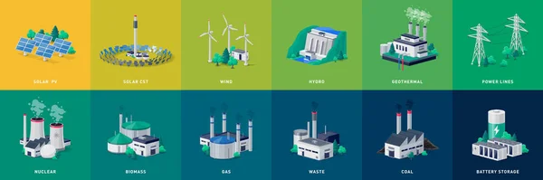 Types Sources Production Électricité Mix Énergétique Solaire Eau Fossile Éolien — Image vectorielle