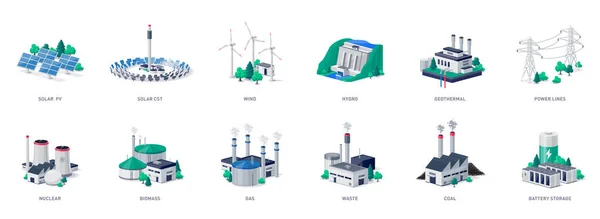 Tipos Aislados Fuentes Generación Electricidad Mezcla Energía Solar Agua Fósil — Vector de stock