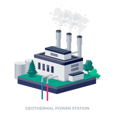 Jeotermal temiz enerji santrali fabrikası. Yenilenebilir, sürdürülebilir toprak ısı türbini enerji üretimi sondaj ve şehrin ufuk çizgisi ile. Beyaz arkaplanda izole vektör illüstrasyonu.