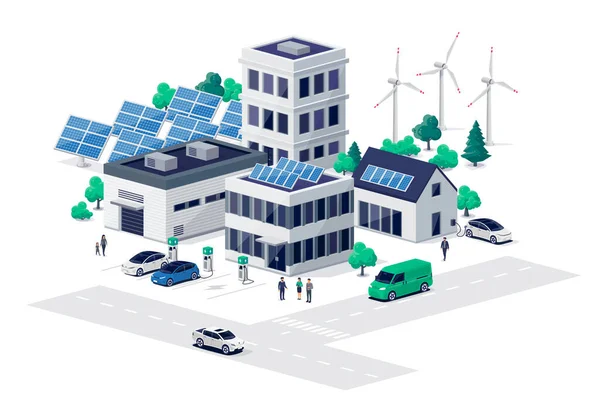 Udržitelná Městská Ulice Obytnými Budovami Centru Města Obnovitelnou Solární Větrnou — Stockový vektor