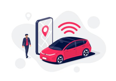 Vector illustration of autonomous online car sharing service controlled via smartphone app. Phone with location mark and modern automobile. Isolated connected vehicle remote data monitoring parking. clipart