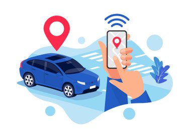 Vector illustration of autonomous wireless parking remote connected electric car controlled via smartphone app. Hands holding smart mobile phone map location pin in modern city. Ride sharing service. clipart