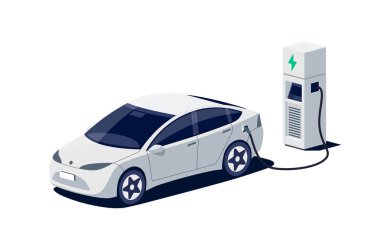 Modern elektrikli sedan araba hızlı şarj istasyonunda kablo fiş ile şarj ediliyor. Elektrikli batarya taşıma e-hareketi. Beyaz arkaplanda izole edilmiş düz vektör çizimi. 