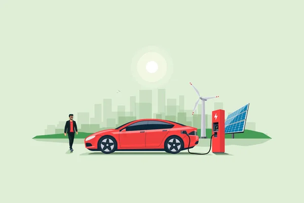 Плоский Векторный Рисунок Красного Электрического Автомобиля Заряжающегося Стойки Зарядного Устройства — стоковый вектор