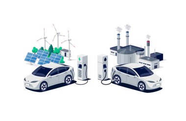 Comparing electric versus gasoline car. Electric vehicle charging vs. diesel vehicle refueling petrol gas station. Renewable clean solar wind energy with old dirty fossil refinery power generation. clipart