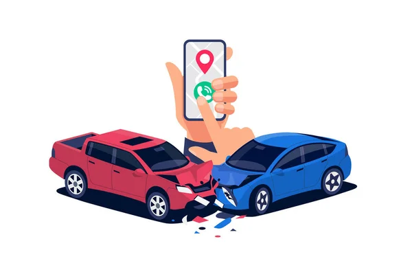 Car Crash Urgent Phone Call Smartphone Hand Calling Police Help —  Vetores de Stock