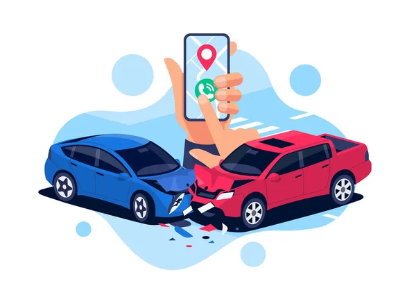 Car Crash Urgent Phone Call Smartphone Hand Calling Police Help — Stock Vector