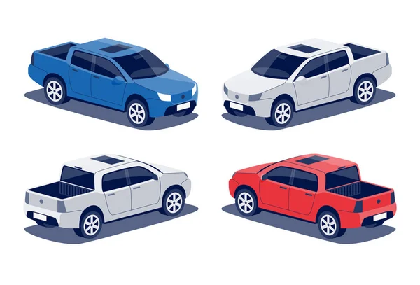 現代のオフロードピックアップトラック車 4ドアミドルサイズ作業ユーティリティSuv車 一般的な4 4ダブルタクシーのピックアップ アイソメトリックスタイルで白の背景に独立したベクトル赤と青のオブジェクトアイコン ストックイラスト