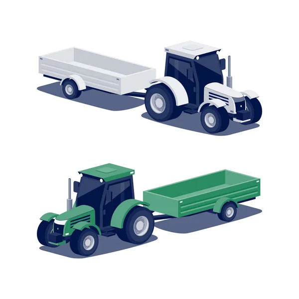 以收获拖车为农业设备的孤立耕作拖拉机 白色和绿色拖拉机白色背景 等距样式矢量图解 农田工程农业机械 免版税图库插图