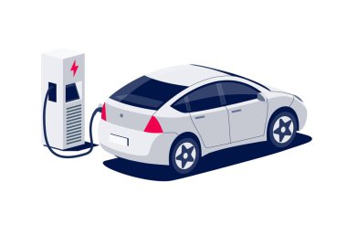 Fişi kabloda olan hızlı şarj istasyonunda modern elektrikli çapraz araba şarj oluyor. Elektrikli batarya aracı taşımacılığı. Beyaz arka planda izole edilmiş düz vektör çizimi. Arka görünüm.
