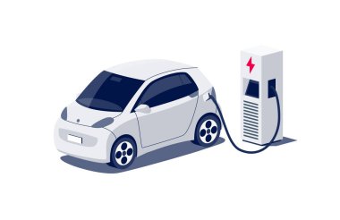 Modern elektrikli küçük şehir mikro arabası kabloyla şarj edilen hızlı şarj istasyonuna park ediyor. Elektrikli batarya aracı taşımacılığı. Beyaz arkaplanda izole edilmiş düz vektör çizimi