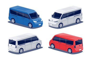 Modern yolcu vagonu. Minivan orta boy kargo minibüsü. Küçük şirket ticari kişi taşımacılığı. İzole edilmiş vektör kırmızı nesne simgesi izometrik dimetrik biçimdeki beyaz arkaplan üzerine.