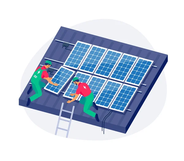 家族の家の屋根に太陽電池パネルのインストール 建設技術者は 家庭の再生可能エネルギーシステムをグリッドに接続します クリーン電力生産 分離ベクトル図 — ストックベクタ