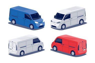 Modern kargo minibüsü. Minivan orta boy kamyonet minibüsü. Küçük kamyonet ticari ticari taşımacılık. İzometrik dimetrik tarzda beyaz zemin üzerinde izole edilmiş kırmızı vektör mavi nesne