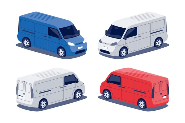 現代の配送貨物バン車 ミニバン中サイズのローリーミニバス車 小型トラックRv企業の商業輸送 アイソメトリックスタイルで白の背景に絶縁ベクトル赤青オブジェクト ロイヤリティフリーストックベクター