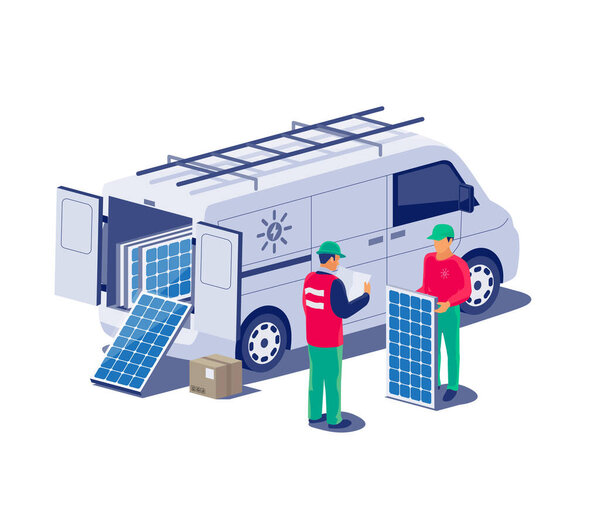 Услуги по установке солнечных панелей. Работники строительной техники на автомобиле-фургоне устанавливают возобновляемую энергетическую систему в сеть. Чистое производство электроэнергии. Изолированная векторная иллюстрация