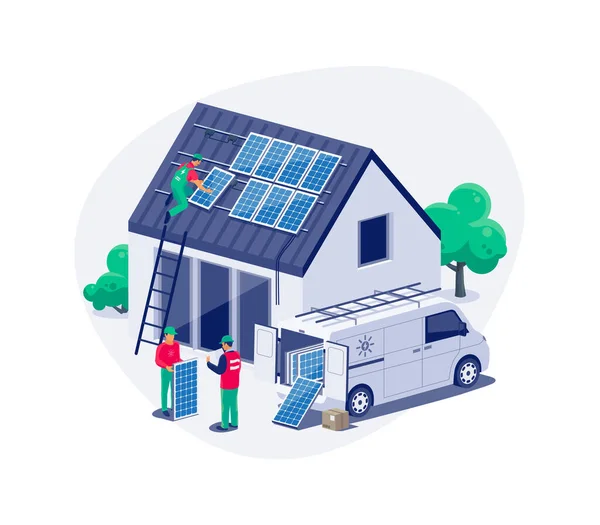 家族の家の屋根に太陽電池パネルのインストール 建設技術者は 家庭の再生可能エネルギーシステムをグリッドに接続します クリーン電力生産 分離ベクトル図 — ストックベクタ