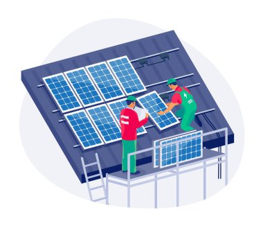 Aile evinin çatısına iskeleli güneş panelleri kurulmuş. İnşaat teknisyenleri evin yenilenebilir enerji sistemini bağlıyorlar. Temiz elektrik. İzole vektör illüstrasyonu.