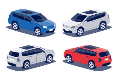 Modern yolcu cipi. Orta ölçekli spor araç hatchback iş aracı, aile arabası, kavşak off-road. İzole edilmiş vektör kırmızı ve mavi nesne simgeleri izometrik dimetrik tarzda beyaz arkaplan üzerinde.