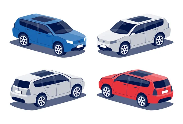 现代客车Suv 中型运动型通用背靠背商务车辆 家用轿车 越野车 等度量衡方式的白色背景上的孤立矢量红蓝色物体图标 — 图库矢量图片