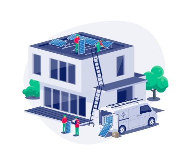 Modern mimari aile evinin düz çatısının güneş panelleri montajı. İşçiler evdeki yenilenebilir enerji sistemini şebekeye bağlıyorlar. Temiz elektrik üretimi. İzole vektör illüstrasyonu.