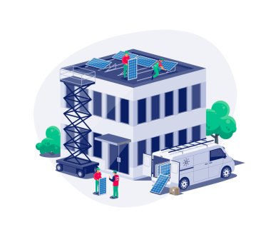 Modern mimari ofis binasının güneş panelleri montajı. Ev yenilenebilir enerji sistemini düz çatıdaki şebekeye bağlayan işçiler. Temiz elektrik üretimi. İzole vektör