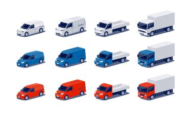 Modern şehir kargo vagonları. Minivan küçük ölçekli ticari kamyonlar şehir teslimatı için. Hafif görev şirket filosu taşımacılığı. Kutu kamyonu izole edilmiş beyaz vektör izometrik dimetrik biçiminde.