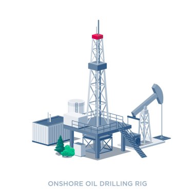 Kıyıdaki ham petrol sondaj platformu. Petrokimya ağır benzin üretim endüstrisi. İzometrik dimetrik tarzda beyaz arkaplan üzerinde düz izole vektör çizimi.