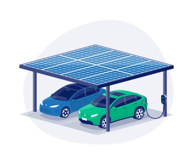 Elektrikli araçları şarj etmek için modern güneş parkı. Çatıda güneş panelleri olan fotovoltaik baraka yapısı park arabaları için barınak sağlıyor ve güneşten elektrik alıyor. Beyaz üzerinde izole vektör