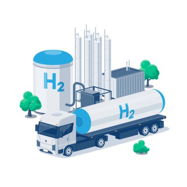 Hidrojen nakli ve depolama. Yakıt deposu römorklu yarı kamyon dağıtımı. Hidrojen gazı tankları tesisi elektrik üretim fabrikası. Beyaz üzerinde düz izole vektör çizimleri.