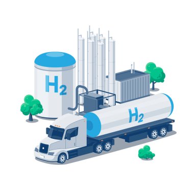Hidrojen nakli ve depolama. Yakıt deposu römorklu yarı kamyon dağıtımı. Hidrojen gazı tankları tesisi elektrik üretim fabrikası. Beyaz üzerinde düz izole vektör çizimleri.