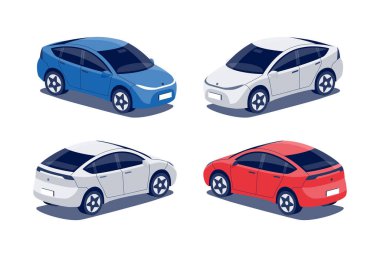 Modern passenger crossover car. Midle size hatchback business vehicle, cuv family car, crossover, suv. Isolated vector red and blue object icons on white background in isometric dimetric style.