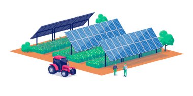 Tarımsal izleyici güneş paneli kullanan modern tarım arazisi. Ekinler, mısırlar, tahıllar, patatesler ve sebzeler elektrik ile birlikte üretiliyor. Güneş ışığı koruması. Etkin sürdürülebilir tarım.