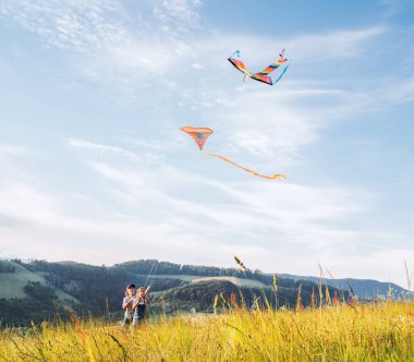 Gülen kız kardeş ve renkli uçurtmalarla fırlatılan erkek kardeş - yüksek çim tepelerindeki çayırlarda popüler açık hava oyuncağı. Mutlu çocukluk anları ya da açık hava harcama konsepti resmi. 