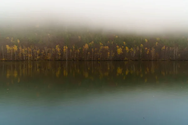 Wide Vag River Calm Autumnal Waters Reflected Yellow Red Deciduous — Fotografia de Stock