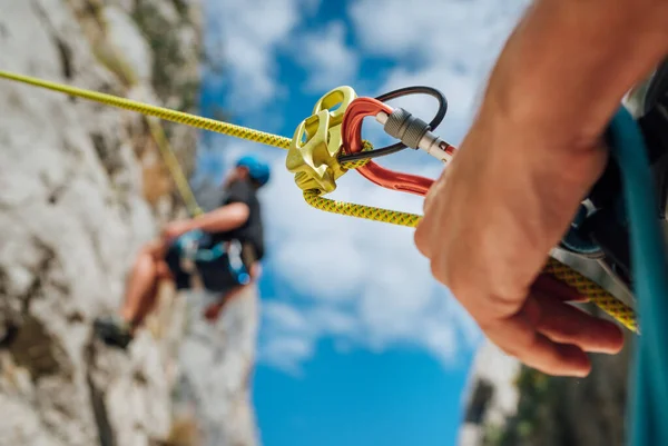 Belay Device Close Shot Boy Cliff Climbing Wall Hanging Rope — Photo