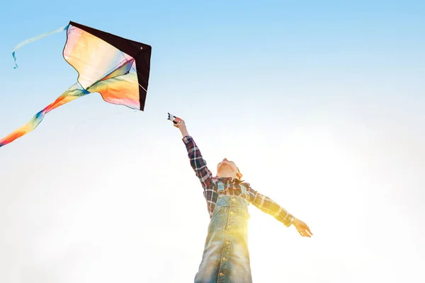 9Yo Girl Flying Colorful Kite Running High Grass Meadow Mountain — Stock Photo, Image