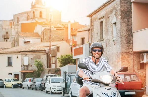 Cheerfully Smiling Man Helmet Sunglasses Fast Riding Moto Scooter Sicilian — Fotografia de Stock