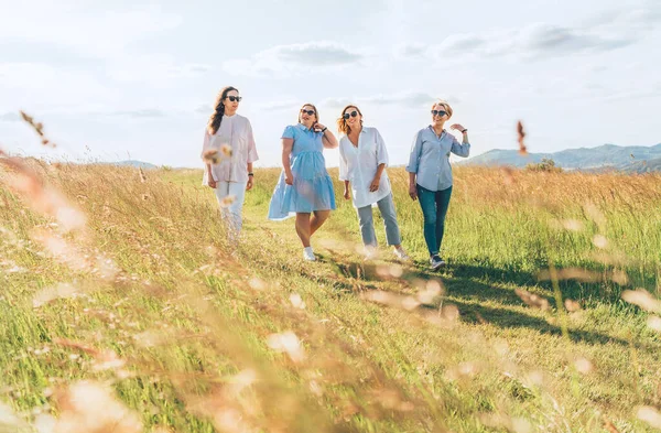 四个笑容满面的女性朋友走过一片绿油油的草地 他们看着摄像机 女人的友谊 关系和幸福的概念形象 — 图库照片