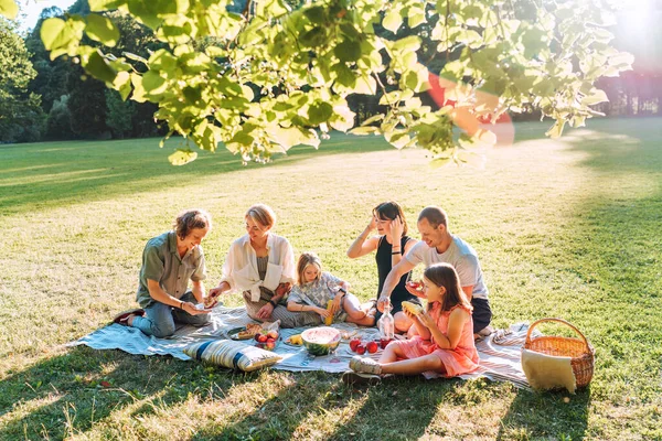 林登树下的大家庭在城市公园绿草上的野餐毛毯上 他们正在吃煮熟的玉米 糕点和西瓜 家庭价值观和户外活动概念 — 图库照片