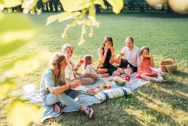 Μεγάλη Οικογένεια Κάθεται Στην Κουβέρτα Πικνίκ Στο Πάρκο Της Πόλης — Φωτογραφία Αρχείου