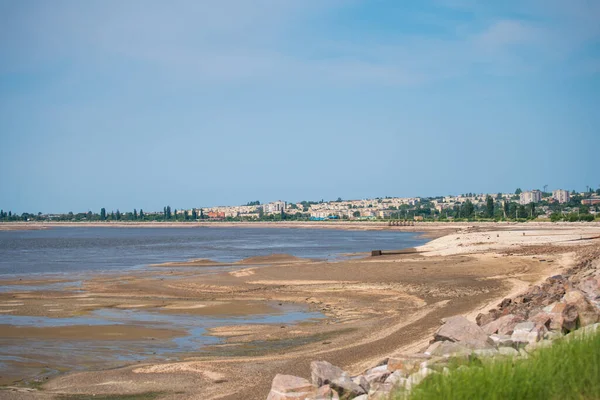 stock image Nikopol city, Dnipropetrovsk Oblast with terrible Disaster Ecocide landscape of dried up Kakhovka Reservoir near Enerhodar as result of Kakhovka Dam damaging on 6 June 2023