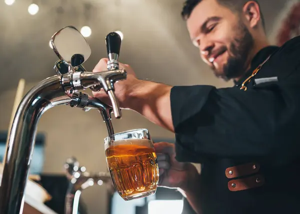 Cam bardakta taze bira içiyorum. Gülümseyen şık sakallı barmen, barın önünde siyah üniforma giymiş. Başarılı insanlar, bira tüketimi, içecek endüstrisi konsepti imag