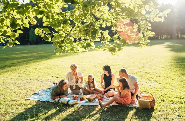 市内公園の緑の芝生の上のピクニック毛布のリンデンの木の下の大きな家族 彼らはゆで卵 りんご ペストリー スイカを食べています 家族の価値観と野外活動の概念 — ストック写真