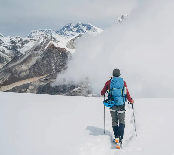 Bergsteiger Mit Rucksack Und Trekkingstöcken Beim Abstieg Von Den Hohen Stockbild