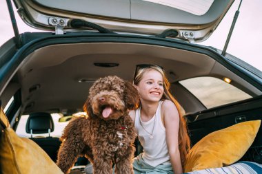 Arabanın bagajında oturan tüylü kahverengi Maltipoo köpeği olan küçük kız. Otomobil yolculuğu sırasında neşeli ve canlı bir sahne yaratmak için köpekle oynuyor. Modern aile kavramında komik hayvanlar.